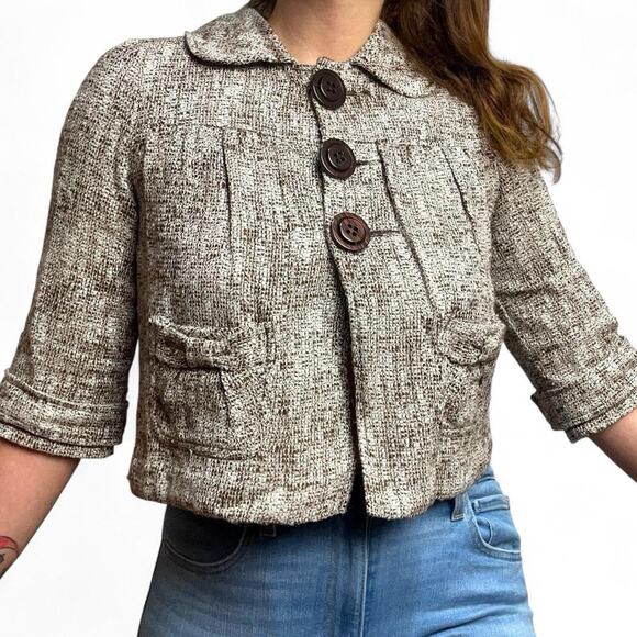 Vintage Y2K Women’s Cropped Tweed Jacket Size M Peter Pan Collar Boho Chic - Picture 1 of 10